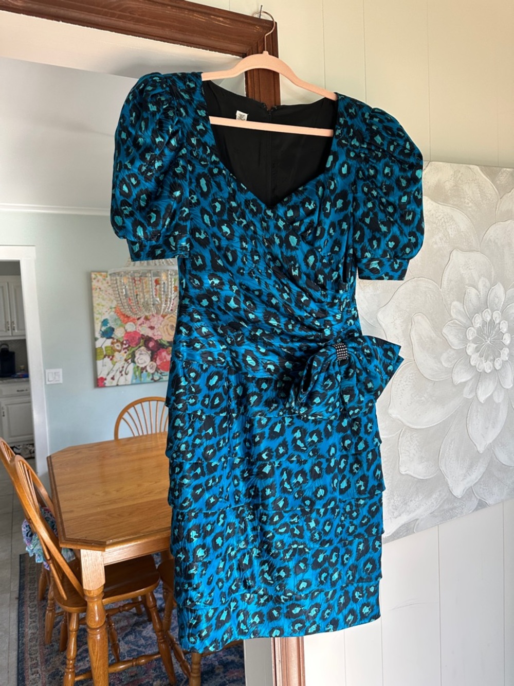 Teal Leopard Print Puff Sleeve Sheath Dress